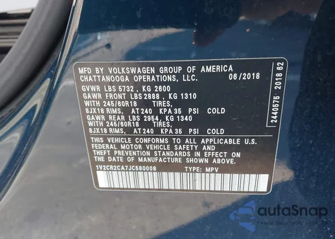 2018 Volkswagen Atlas 3.6L V6 Se из США, поврежденный, VIN 1V2CR2CA7JC580008